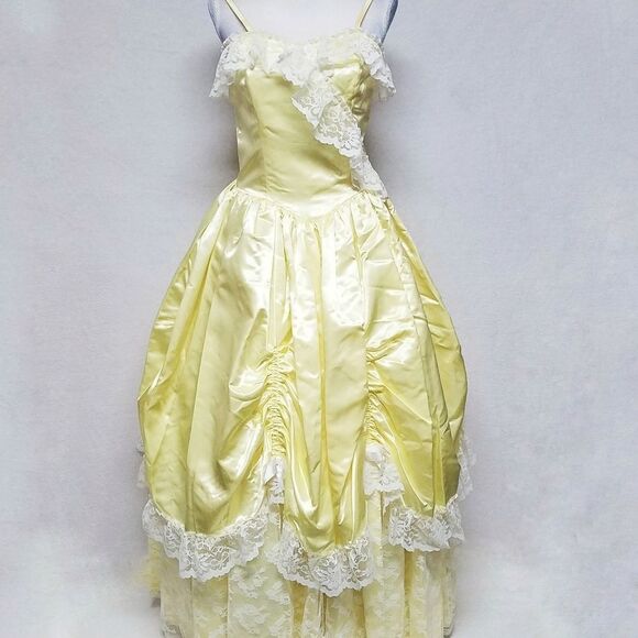 1950s Vintage Yellow Ruffle Satin Lace Bow Full Skirt Maxi Antebellum Dress S - Picture 2 of 10